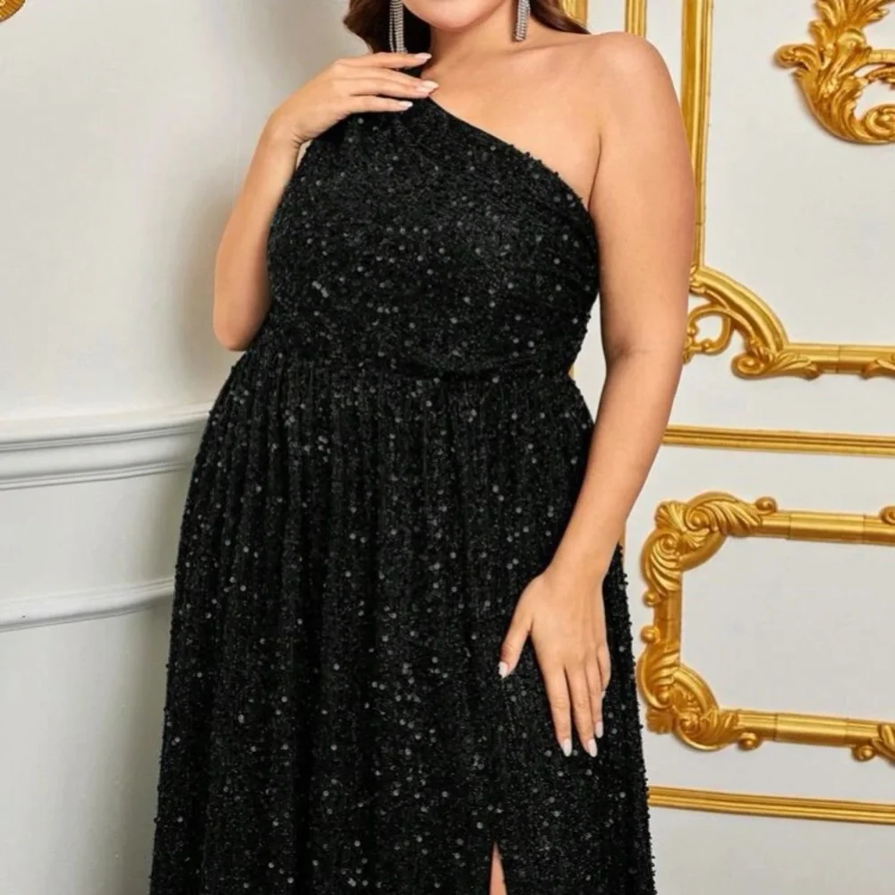Luxe plus size one shoulder slit thigh party formal prom wedding gown dress - Picture 4 of 8